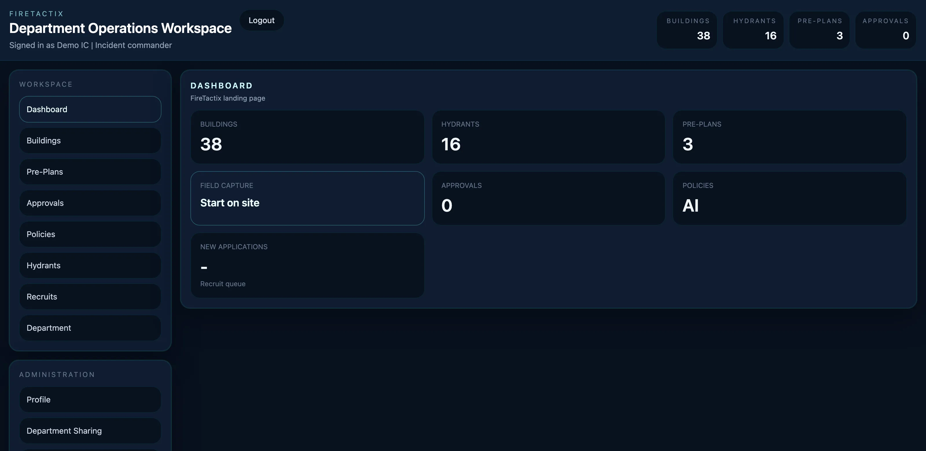 FireTactix department dashboard showing counts for buildings, hydrants, pre-plans, and pending approvals, plus a field capture entry point