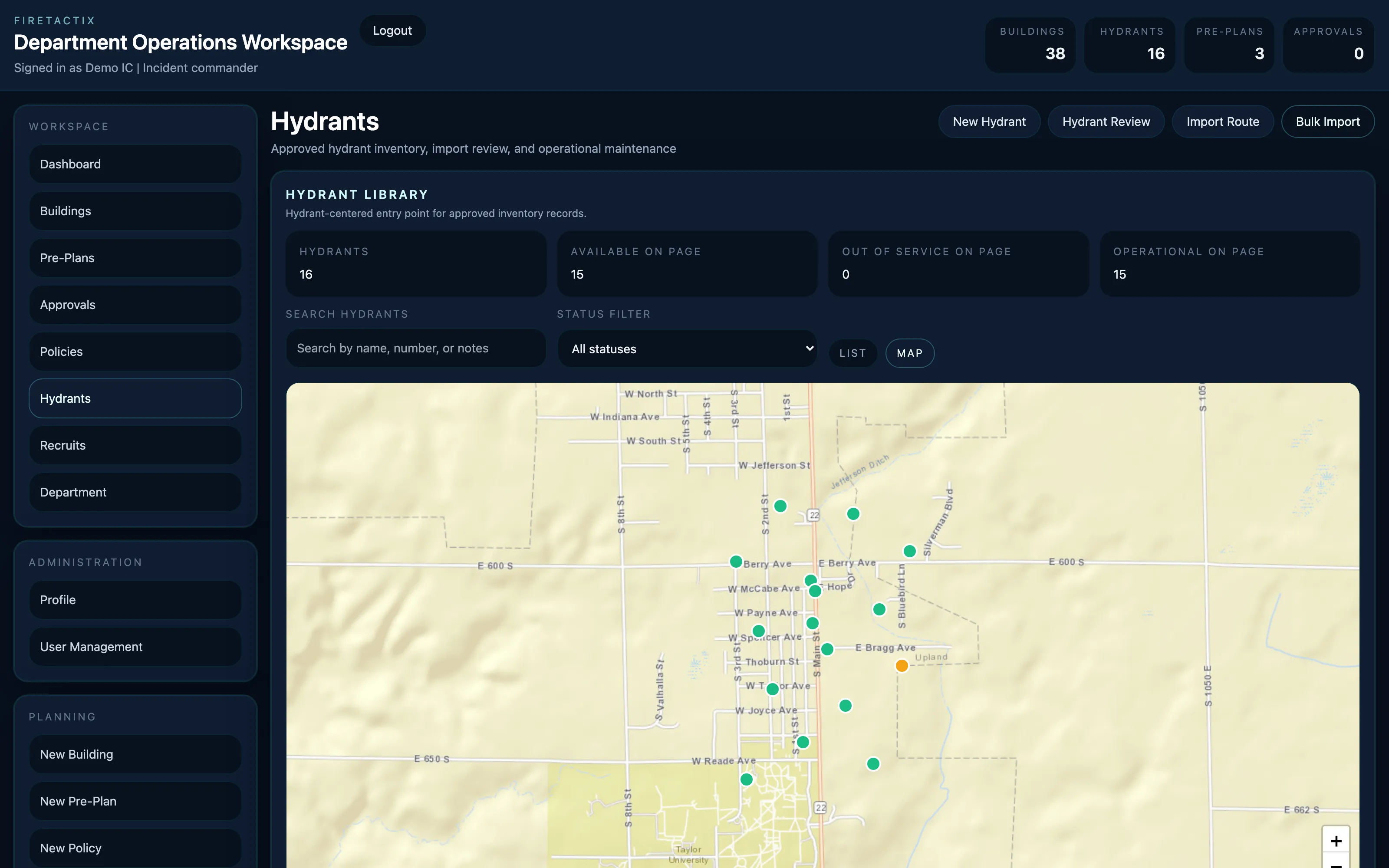 FireTactix hydrant library map view showing geolocated hydrants across a response district with status markers